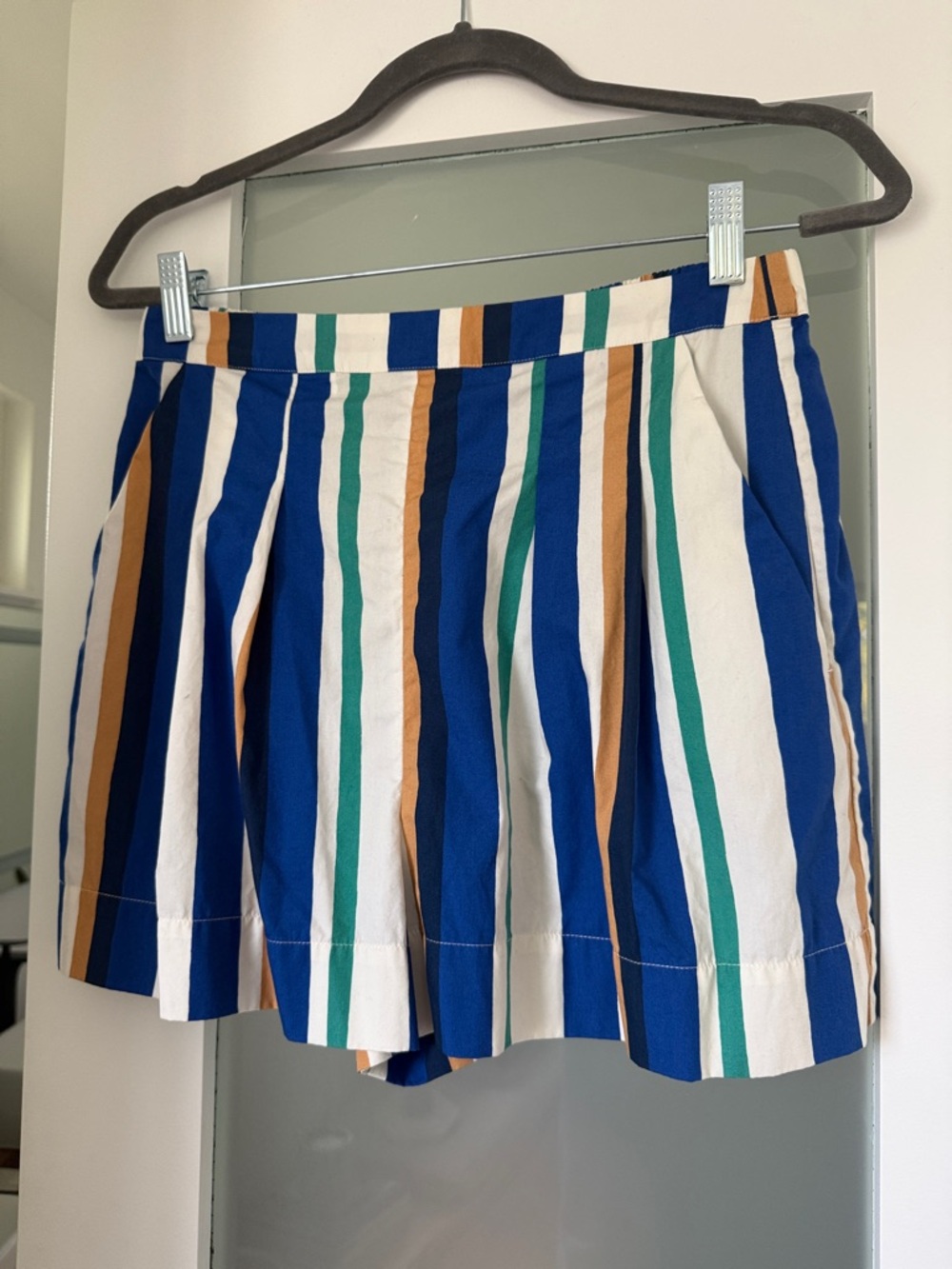 Sezane High-Waist Striped Shorts in Blue, White, Green, Tan